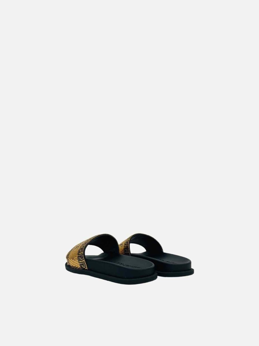 Pre - loved FENDI Fendace Gold & Black Logo Slides 39 at Reems Closet