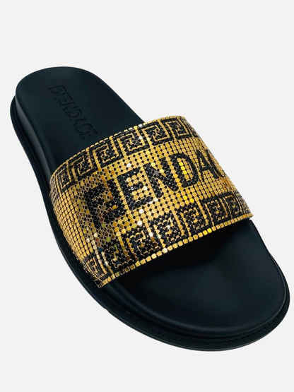 Pre - loved FENDI Fendace Gold & Black Logo Slides 39 at Reems Closet