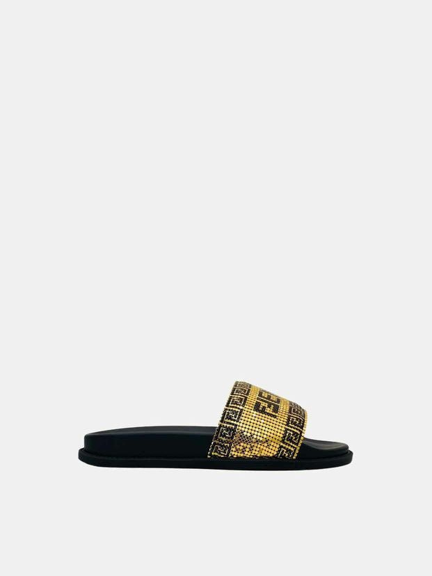 Pre - loved FENDI Fendace Gold & Black Logo Slides 39 at Reems Closet