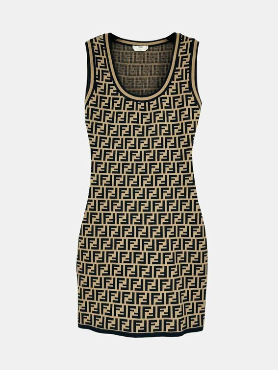 Pre - loved FENDI Jacquard Knit Beige & Black FF Motif Short Dress at Reems Closet