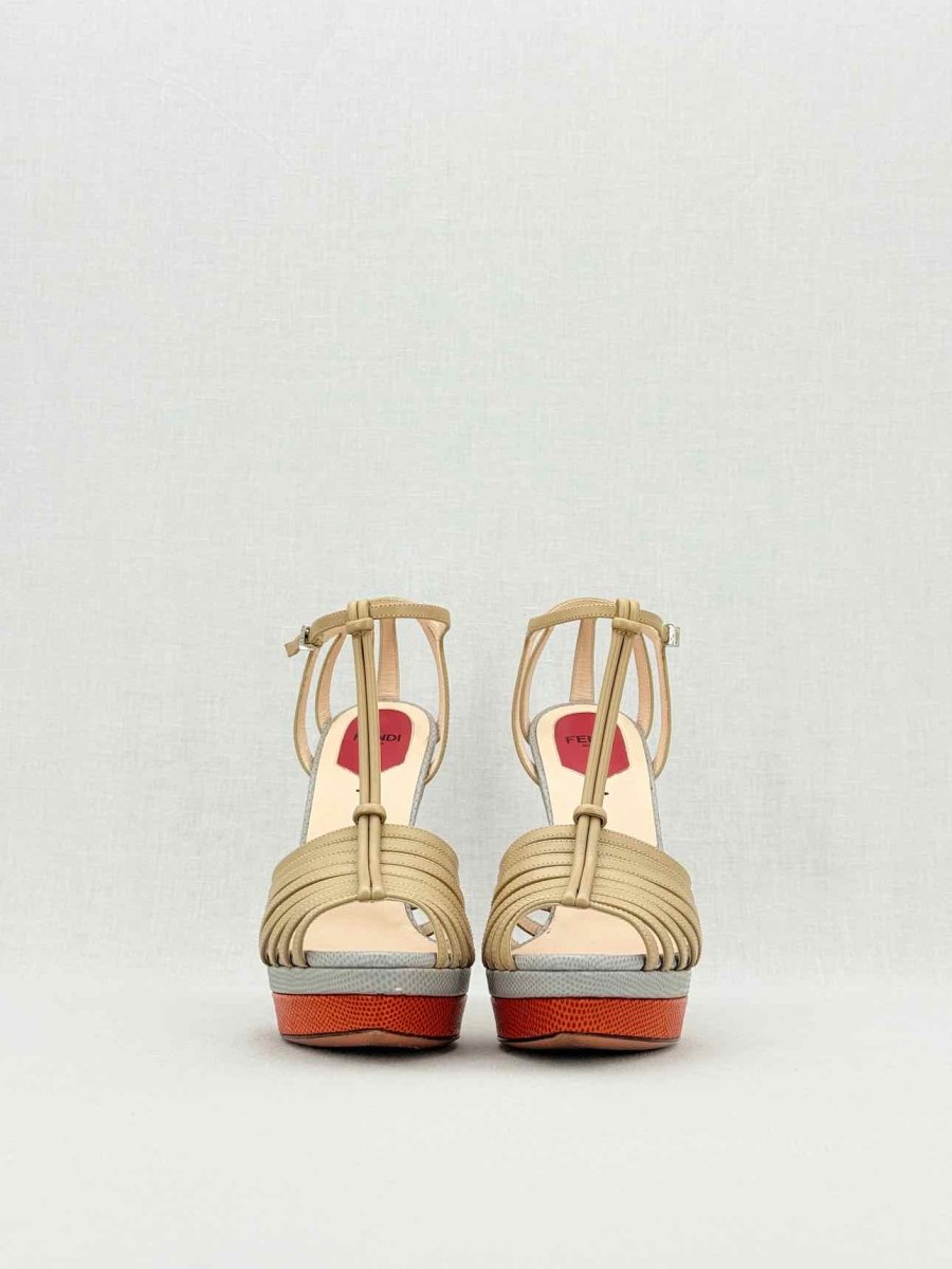 Pre - loved FENDI Nude, Grey & Orange Size EU 38.5 Heeled Sandals at Reems Closet