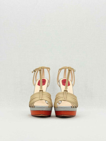 Pre - loved FENDI Nude, Grey & Orange Size EU 38.5 Heeled Sandals at Reems Closet