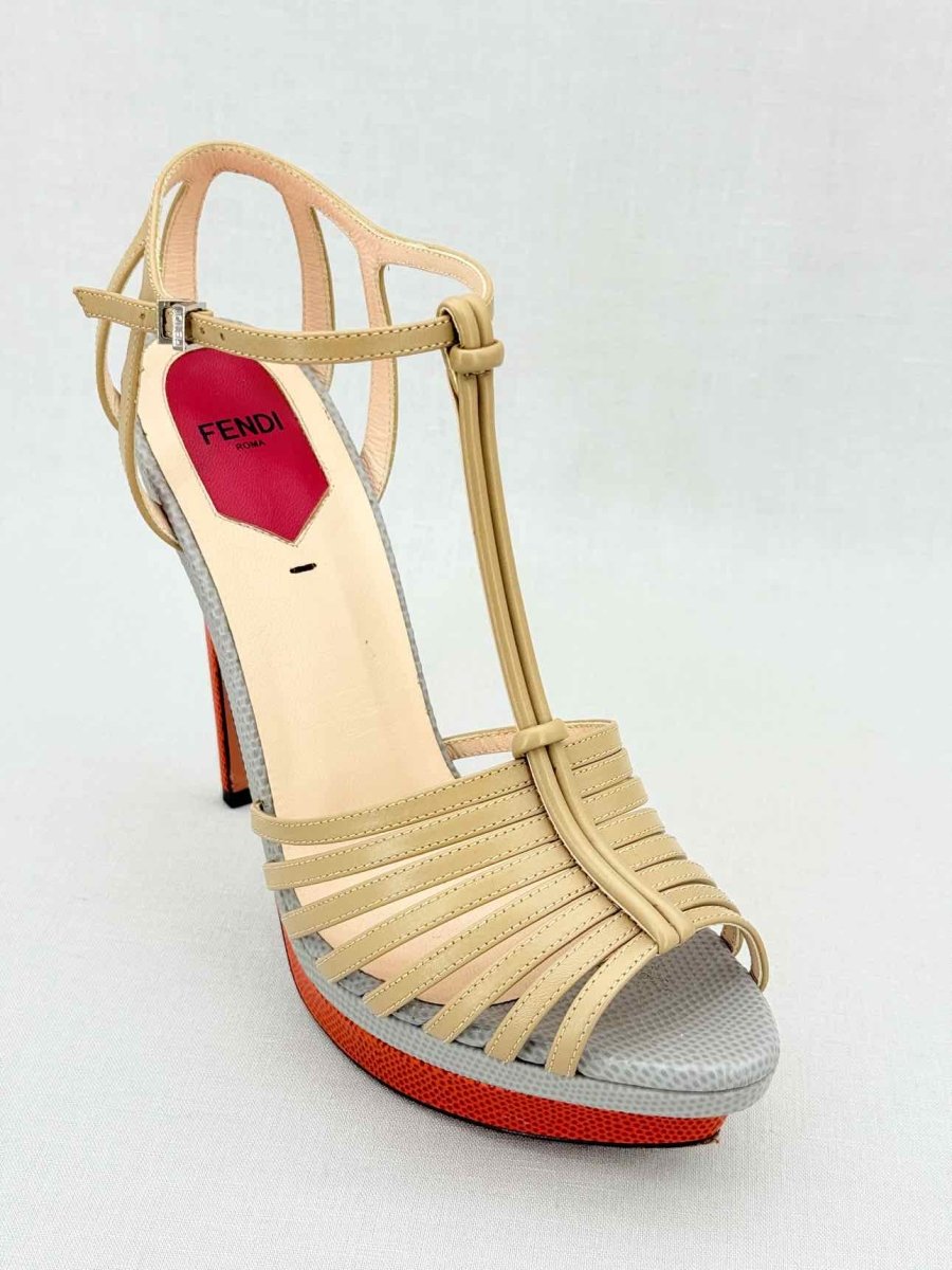 Pre - loved FENDI Nude, Grey & Orange Size EU 38.5 Heeled Sandals at Reems Closet