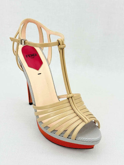 Pre - loved FENDI Nude, Grey & Orange Size EU 38.5 Heeled Sandals at Reems Closet