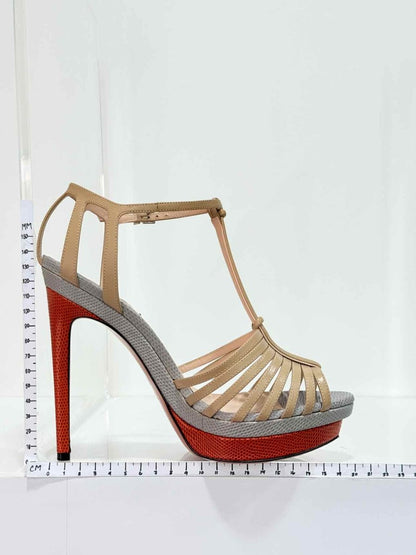 Pre - loved FENDI Nude, Grey & Orange Size EU 38.5 Heeled Sandals at Reems Closet