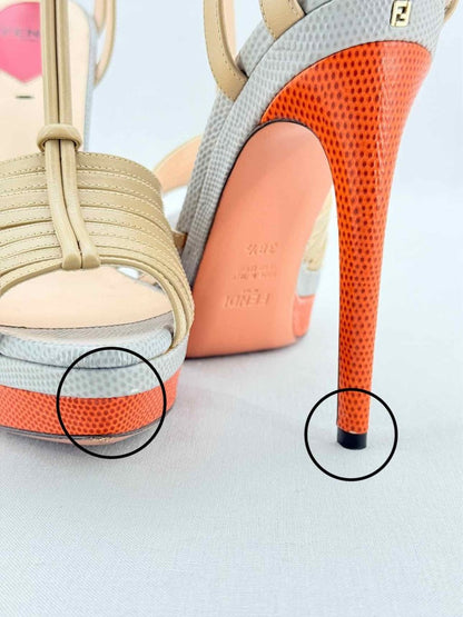 Pre - loved FENDI Nude, Grey & Orange Size EU 38.5 Heeled Sandals at Reems Closet