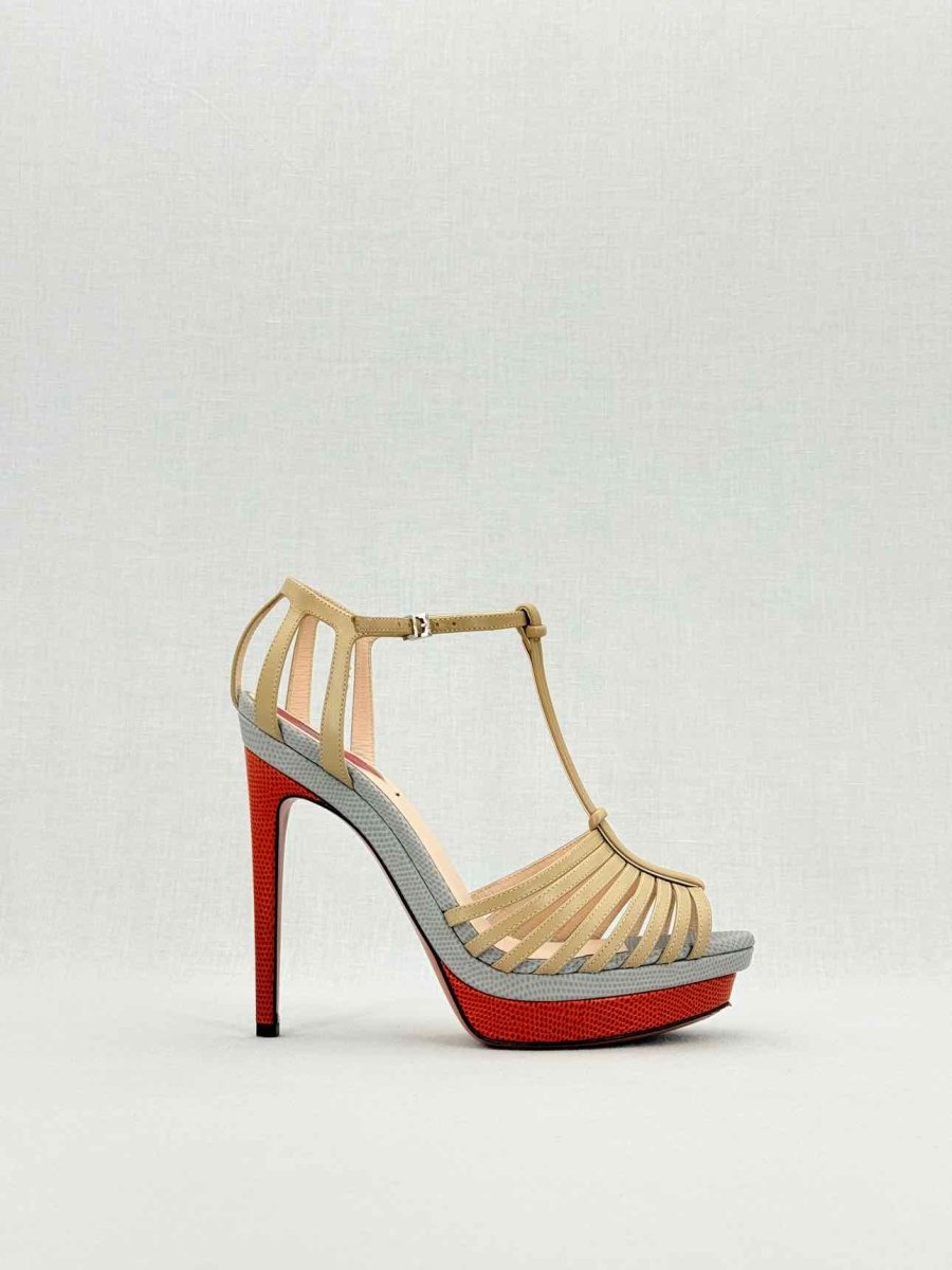 Pre - loved FENDI Nude, Grey & Orange Size EU 38.5 Heeled Sandals at Reems Closet