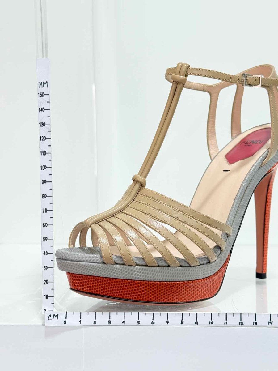 Pre - loved FENDI Nude, Grey & Orange Size EU 38.5 Heeled Sandals at Reems Closet