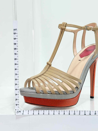 Pre - loved FENDI Nude, Grey & Orange Size EU 38.5 Heeled Sandals at Reems Closet