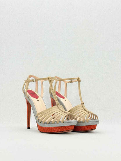 Pre - loved FENDI Nude, Grey & Orange Size EU 38.5 Heeled Sandals at Reems Closet