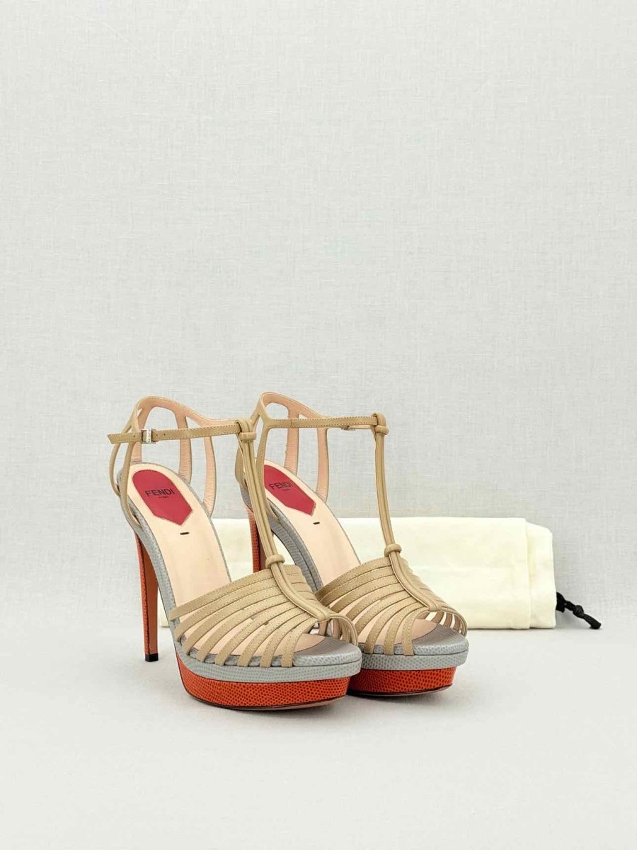 Pre - loved FENDI Nude, Grey & Orange Size EU 38.5 Heeled Sandals at Reems Closet