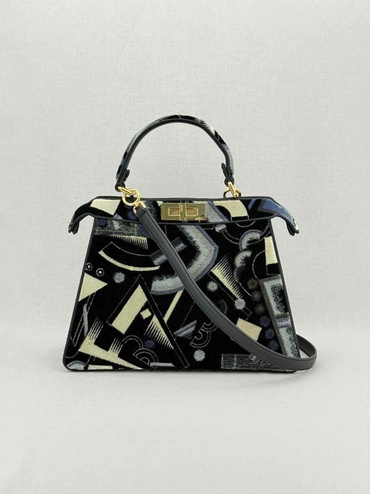 Pre - loved FENDI Peekaboo Navy Blue Printed Top Handle at Reems Closet