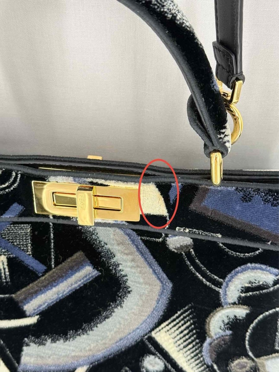 Pre - loved FENDI Peekaboo Navy Blue Printed Top Handle at Reems Closet