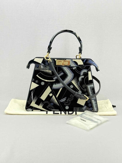 Pre - loved FENDI Peekaboo Navy Blue Printed Top Handle at Reems Closet