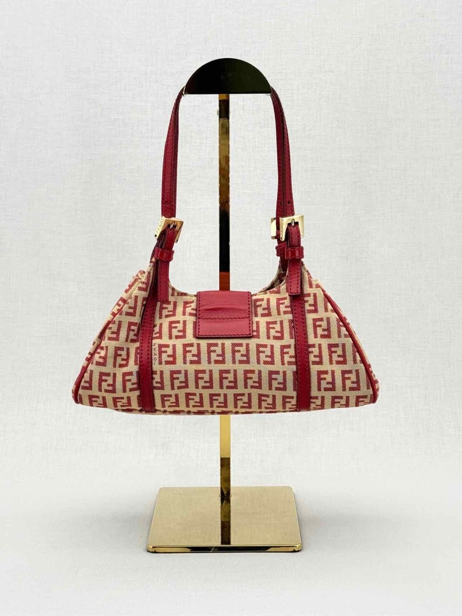 Pre - loved FENDI Red & Beige Zucchino Shoulder Bag at Reems Closet