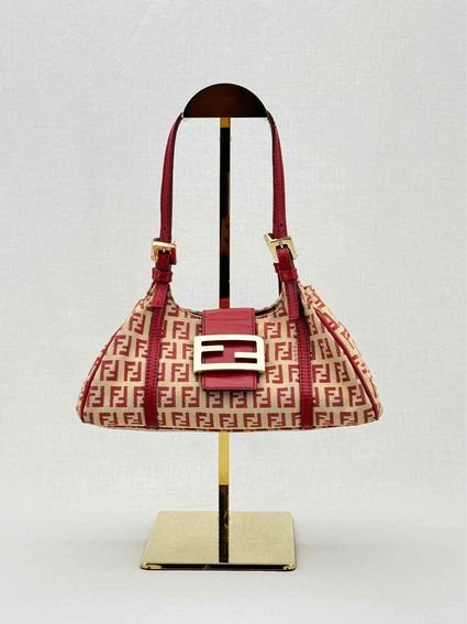 Pre - loved FENDI Red & Beige Zucchino Shoulder Bag at Reems Closet