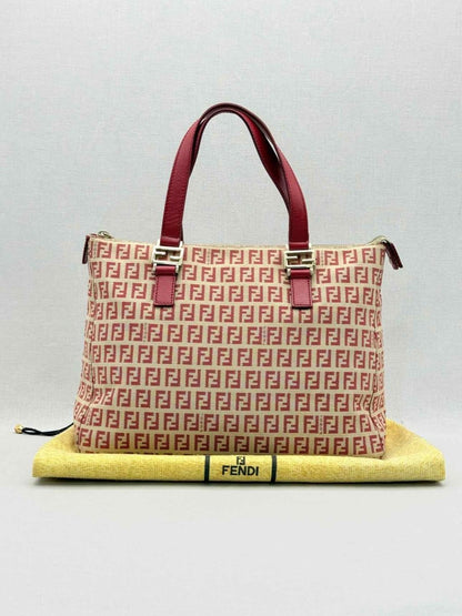 Pre-loved FENDI Shopping Cream & Burgundy Zucchino Tote Bag at Reems Closet
