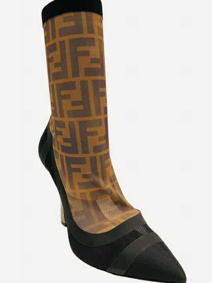 Pre-loved FENDI Sock Beige & Black FF Motif Ankle Boots from Reems Closet