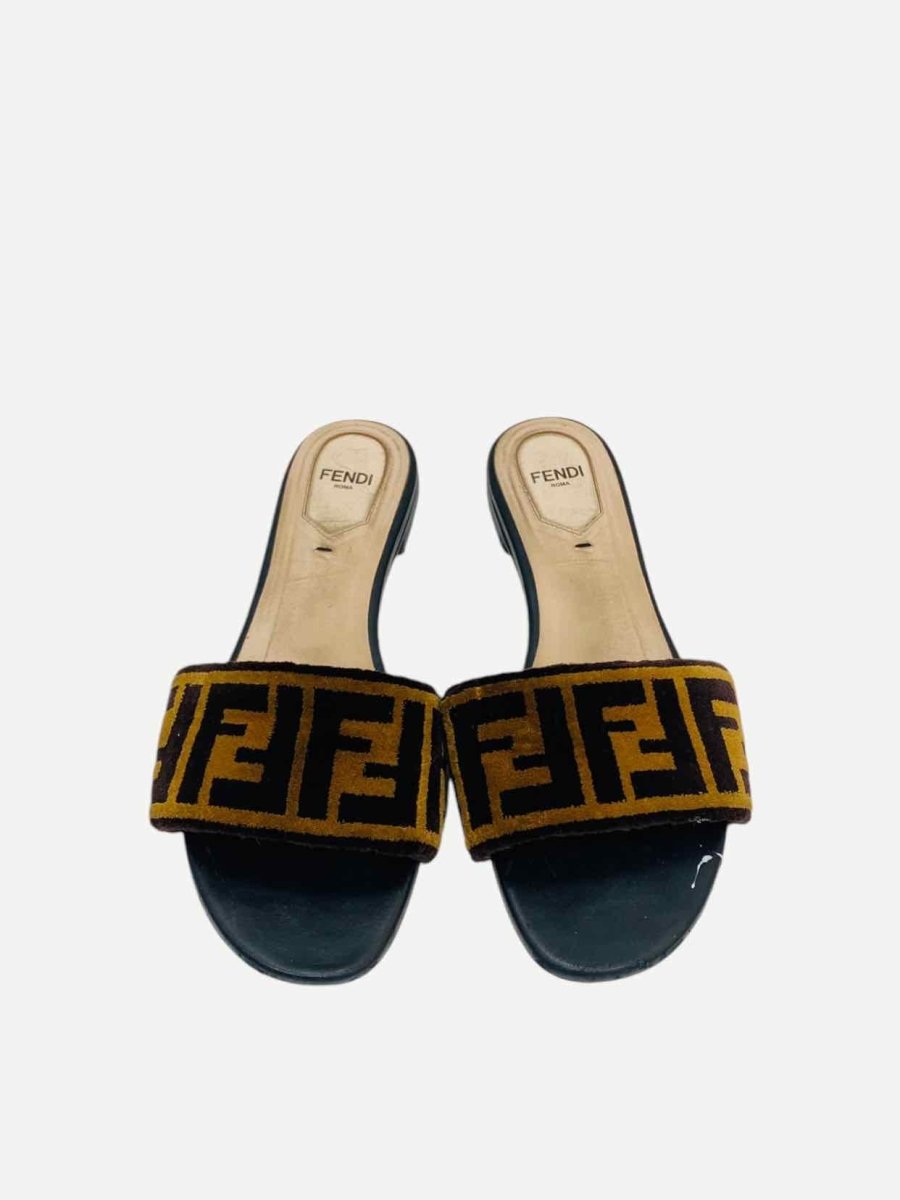 Pre - loved FENDI Velvet Brown & Black FF Motif Slides 37 at Reems Closet