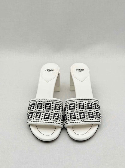 Pre - loved FENDI White FF Jacquard Size EU 36 Heeled Sandals at Reems Closet