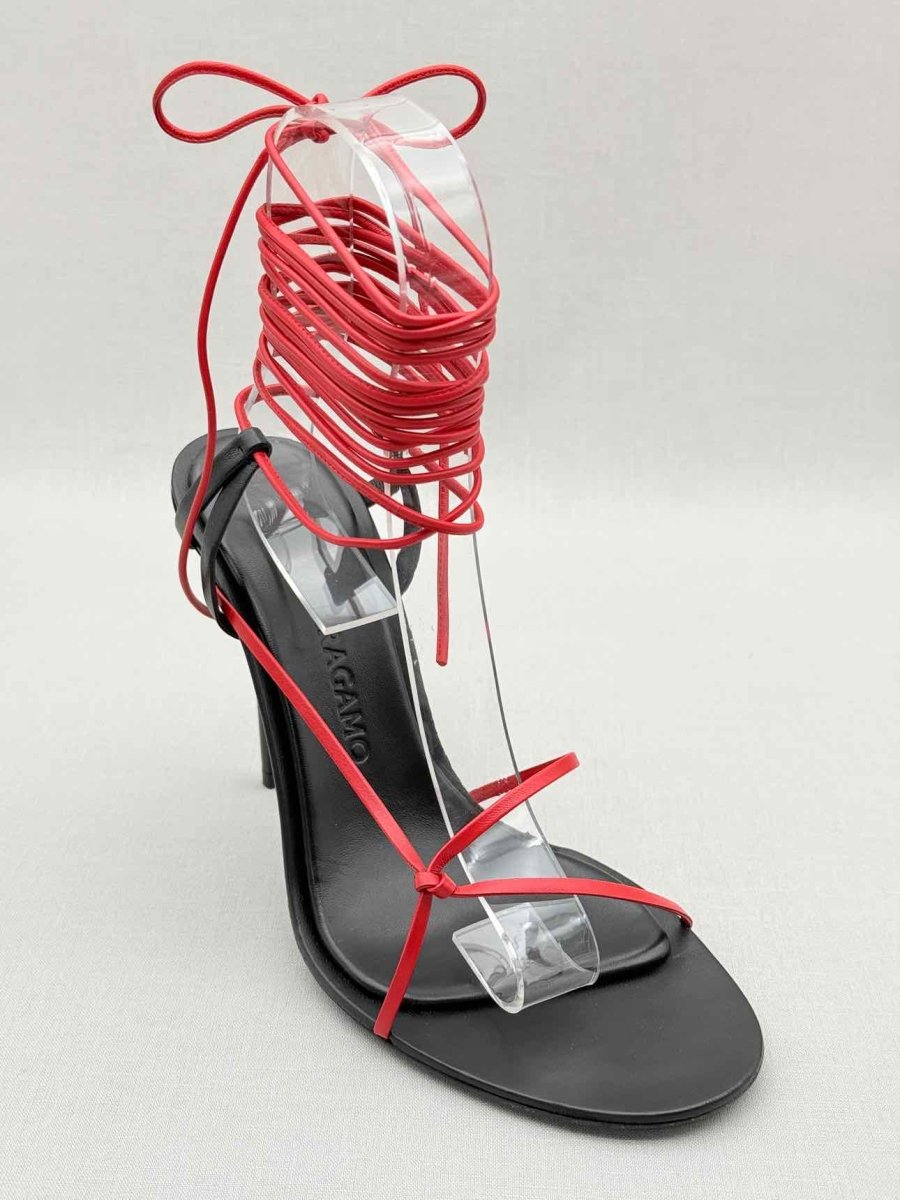 Pre - loved FERRAGAMO Red & Black Size EU 39.5 Heeled Sandals at Reems Closet