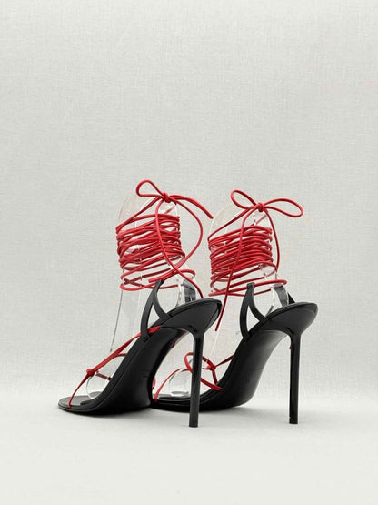 Pre - loved FERRAGAMO Red & Black Size EU 39.5 Heeled Sandals at Reems Closet