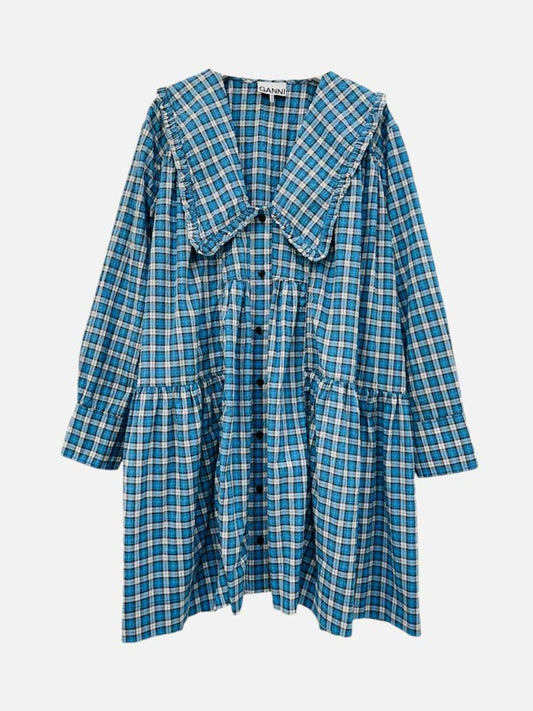 Pre - loved GANNI Seersucker Blue & White Check Mini Dress at Reems Closet