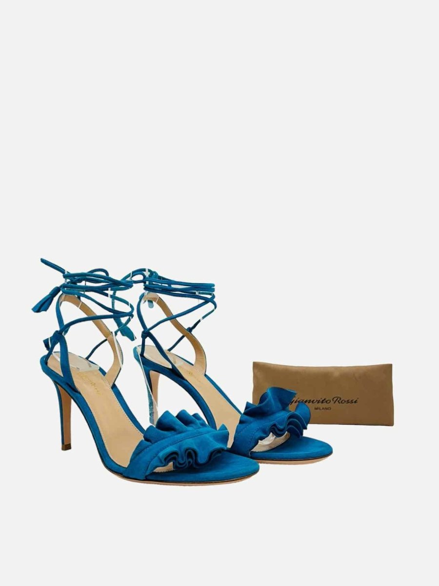 Pre - loved GIANVITO ROSSI Ankle Wrap Blue Heeled Sandals 38.5 at Reems Closet