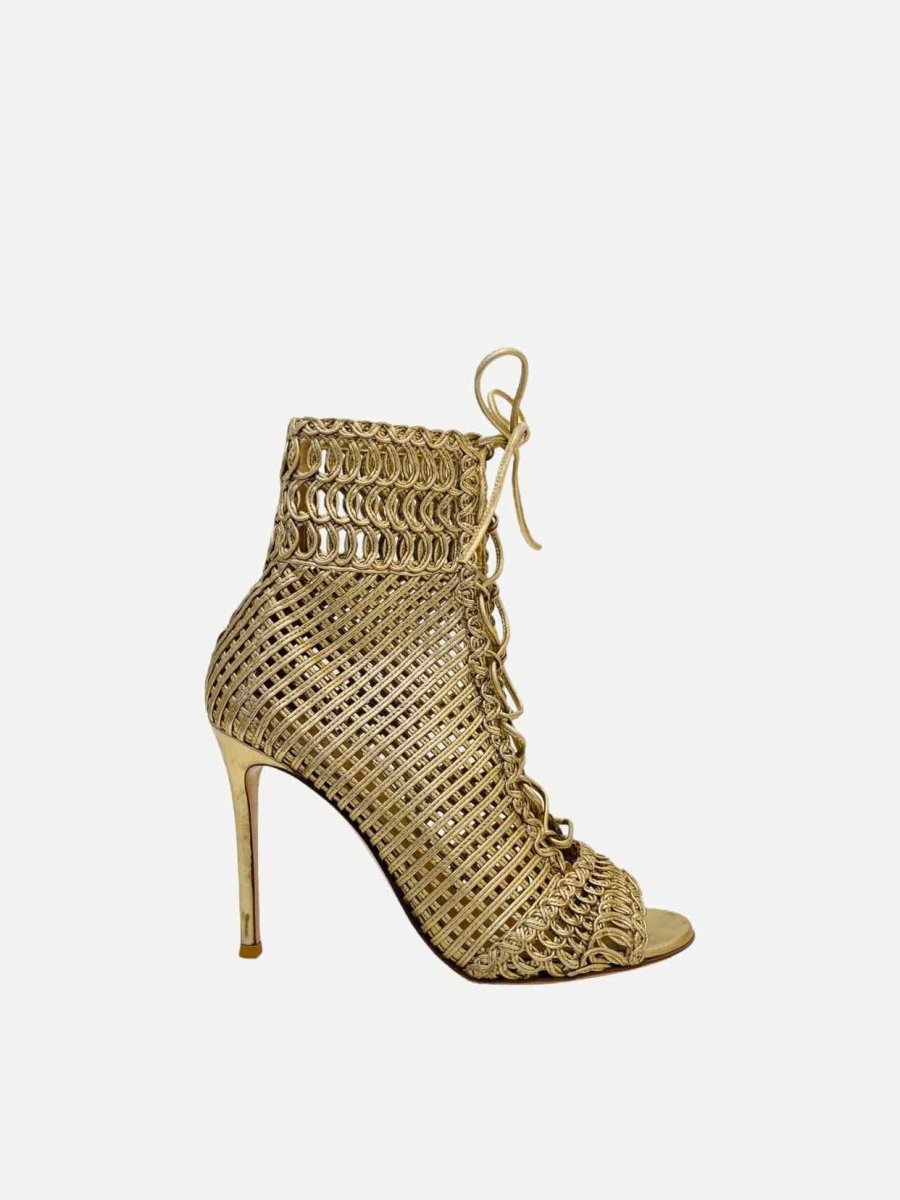 Pre - loved GIANVITO ROSSI Metallic Gold Peep Toe Ankle Boots at Reems Closet