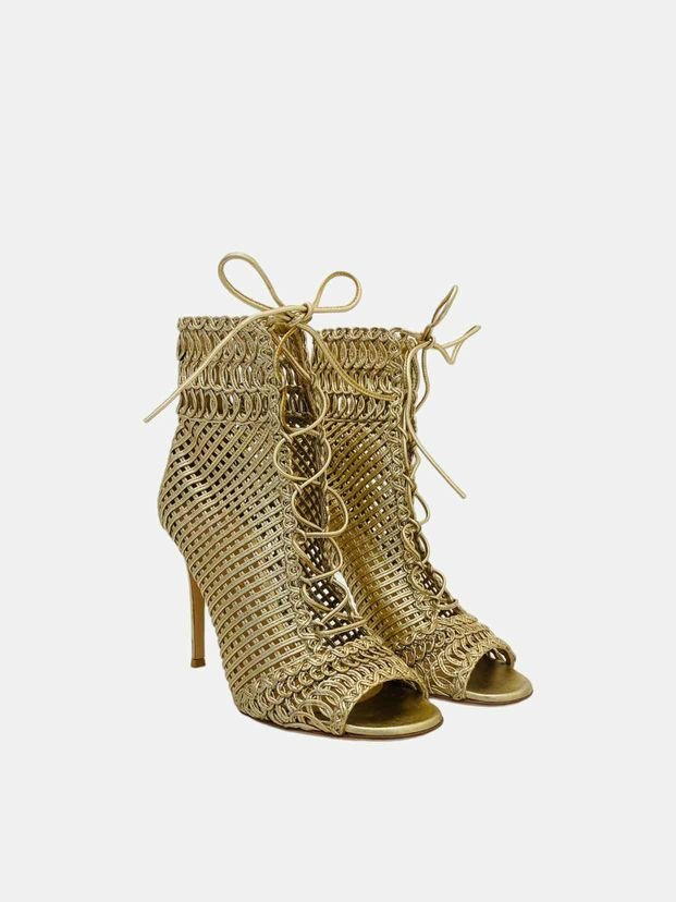 Pre - loved GIANVITO ROSSI Metallic Gold Peep Toe Ankle Boots at Reems Closet