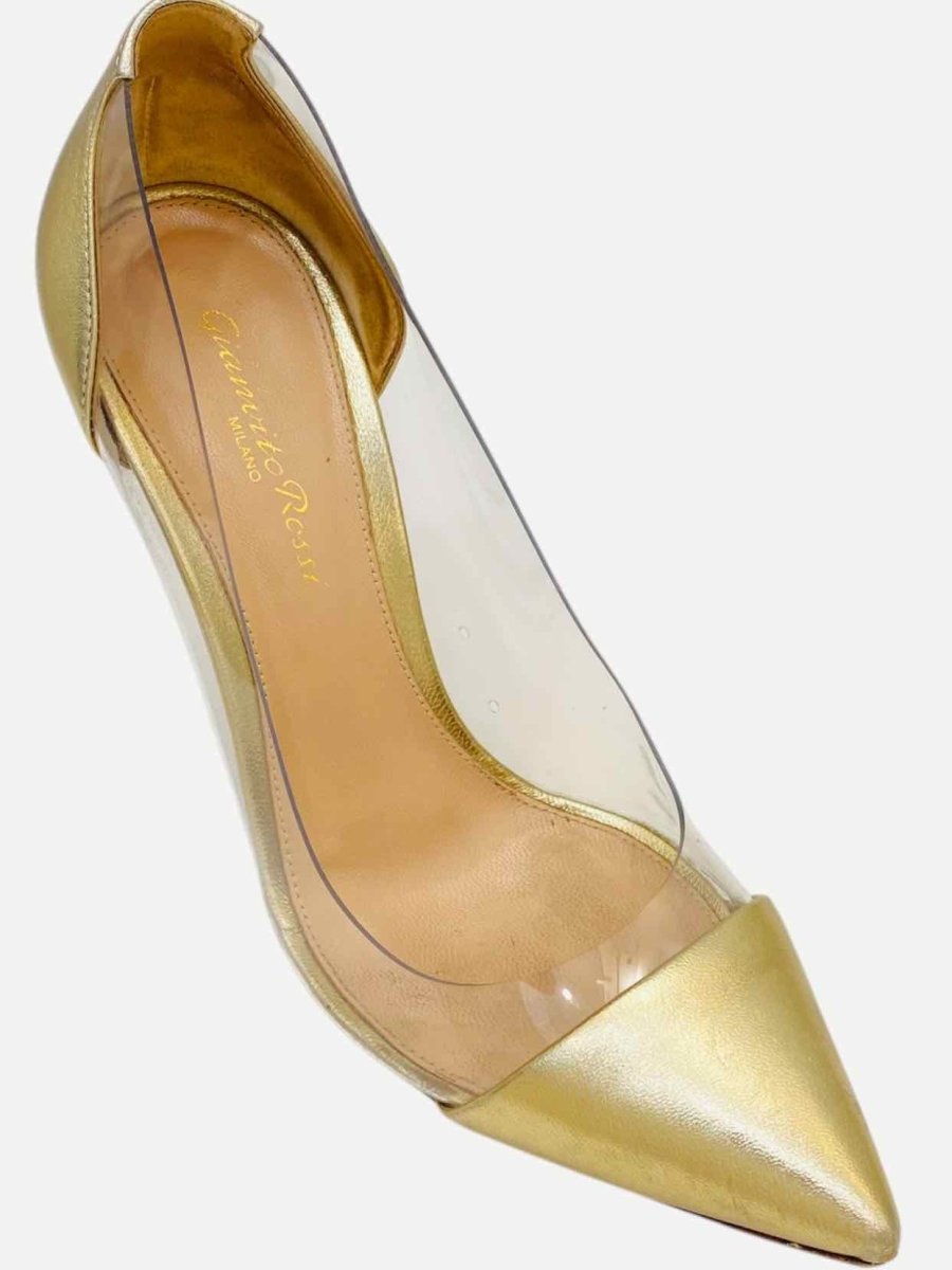 Pre - loved GIANVITO ROSSI Plexi Metallic Gold Pumps 37 at Reems Closet