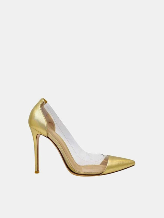 Pre - loved GIANVITO ROSSI Plexi Metallic Gold Pumps 37 at Reems Closet