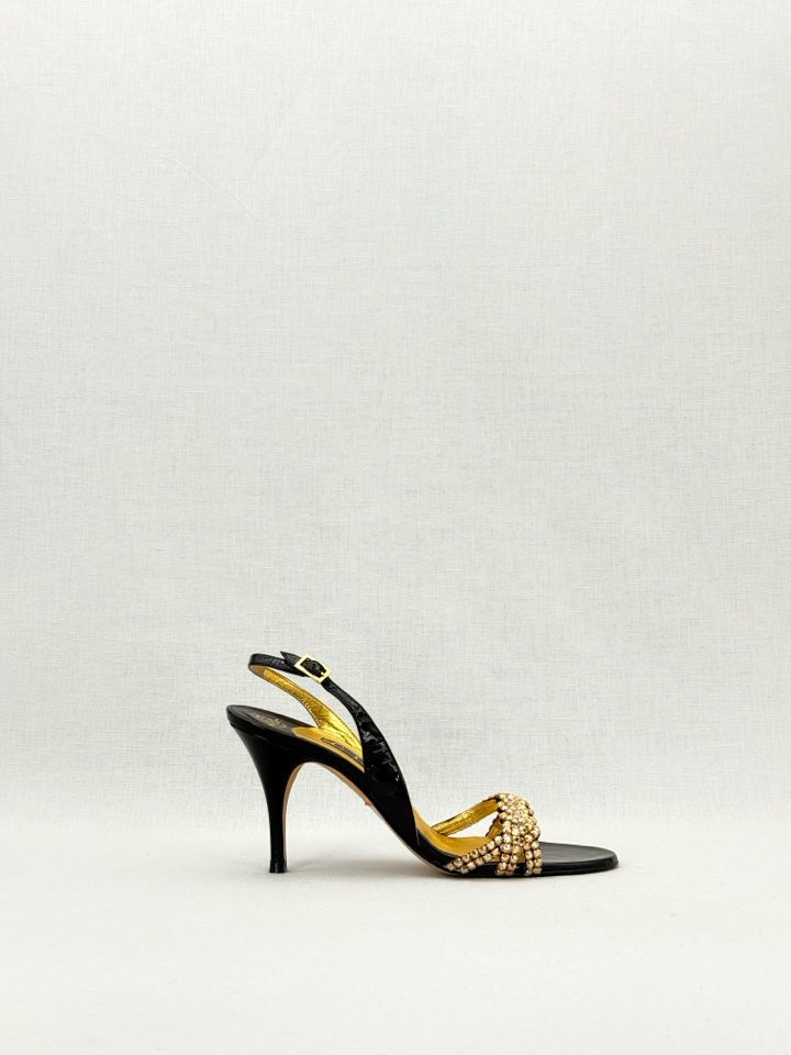 Pre - loved GINA Black & Gold Size EU 38.5 Heeled Sandals at Reems Closet