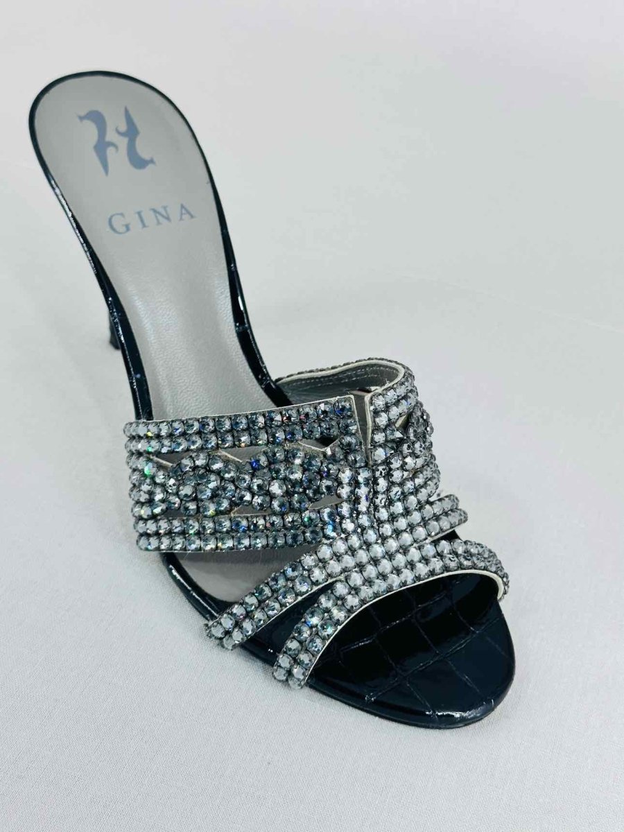 Pre - loved GINA Lausanne Black Croc Embossed Size EU 38 Mules at Reems Closet