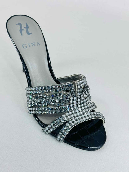 Pre - loved GINA Lausanne Black Croc Embossed Size EU 38 Mules at Reems Closet