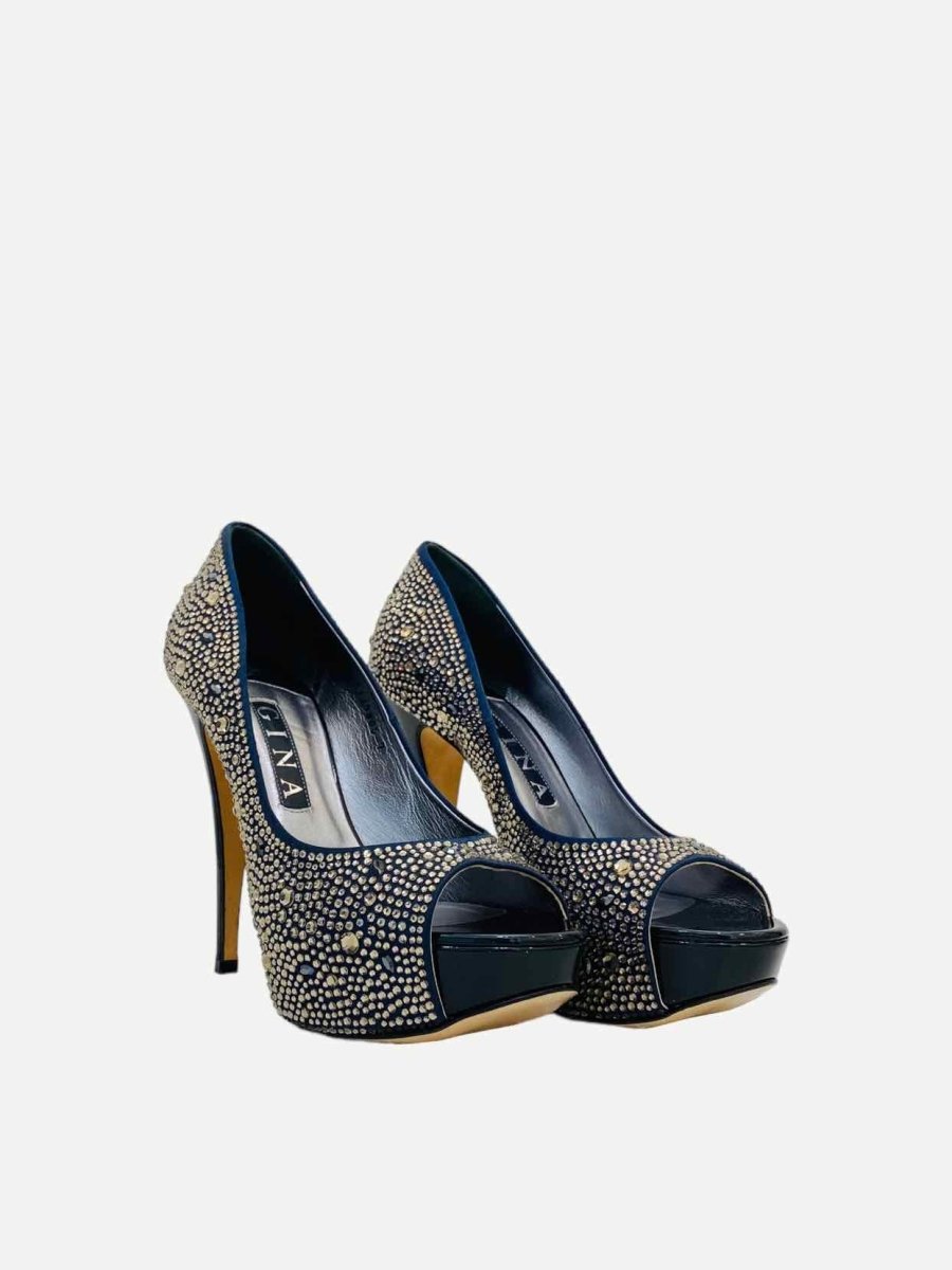 Pre - loved GINA Open Toe Navy Blue & Bronze Pumps at Reems Closet