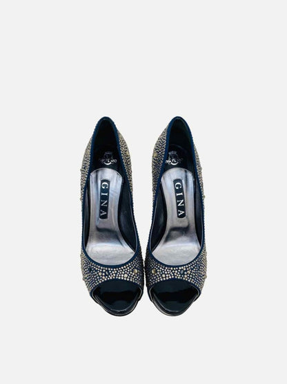 Pre - loved GINA Open Toe Navy Blue & Bronze Pumps at Reems Closet