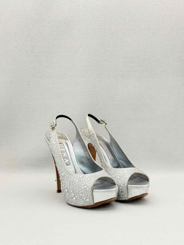 Pre-loved GINA Silver Crystal Embellished Size EU 38.5 Slingbacks at Reems Closet