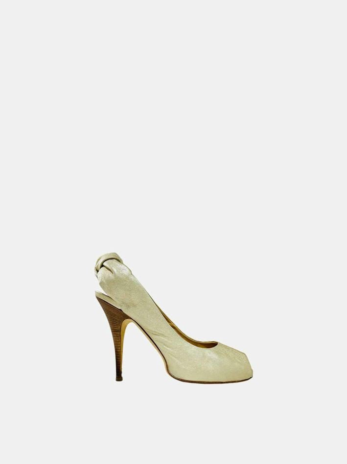 Pre - loved GIUSEPPE ZANOTTI Peep Toe Gold Slingbacks at Reems Closet