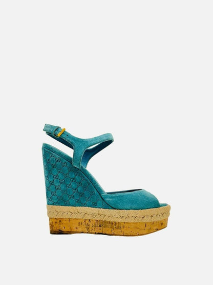 Pre - loved GUCCI Ankle Strap Blue GG Size EU 36 Wedges at Reems Closet