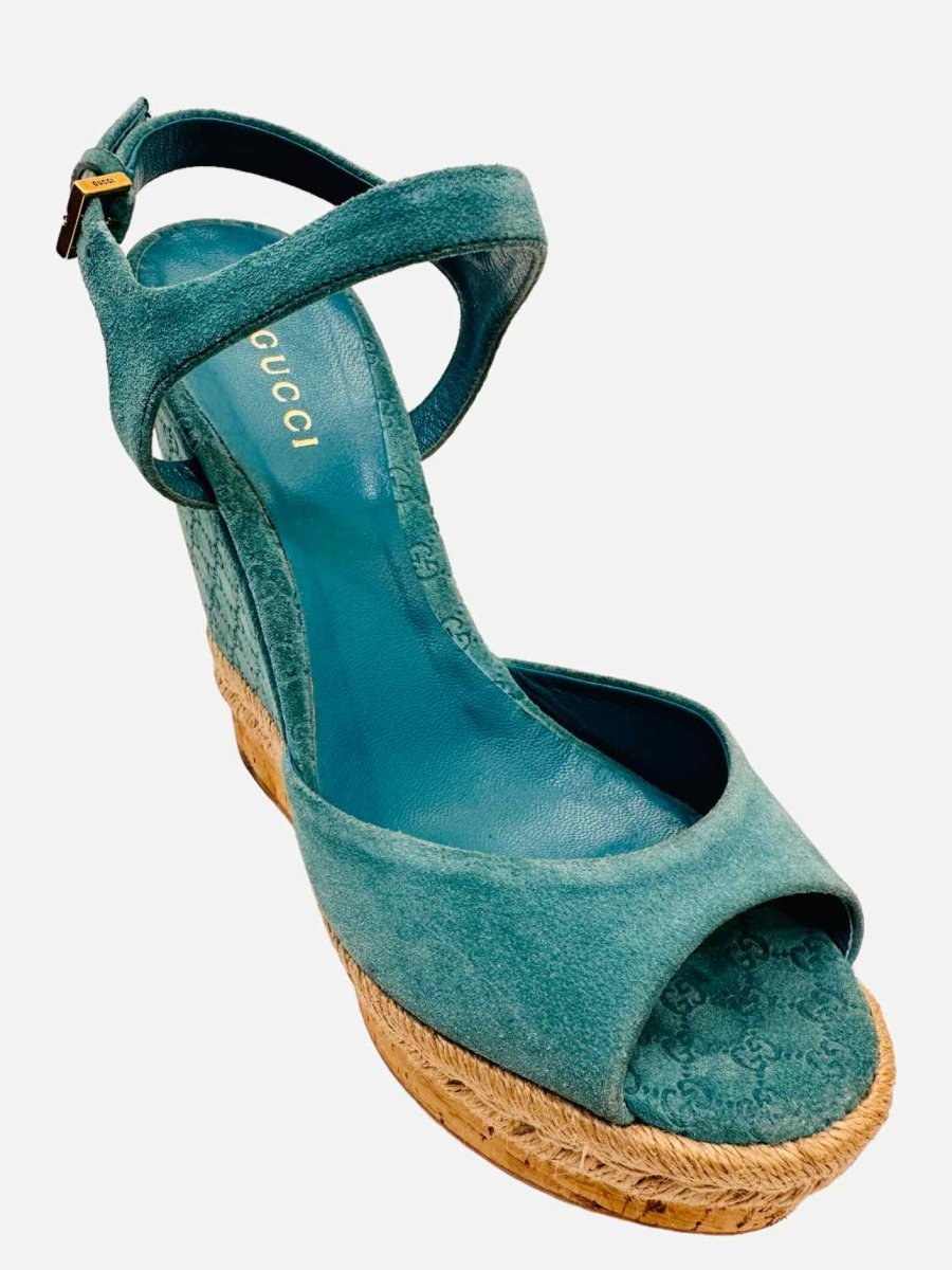 Pre - loved GUCCI Ankle Strap Blue GG Size EU 36 Wedges at Reems Closet