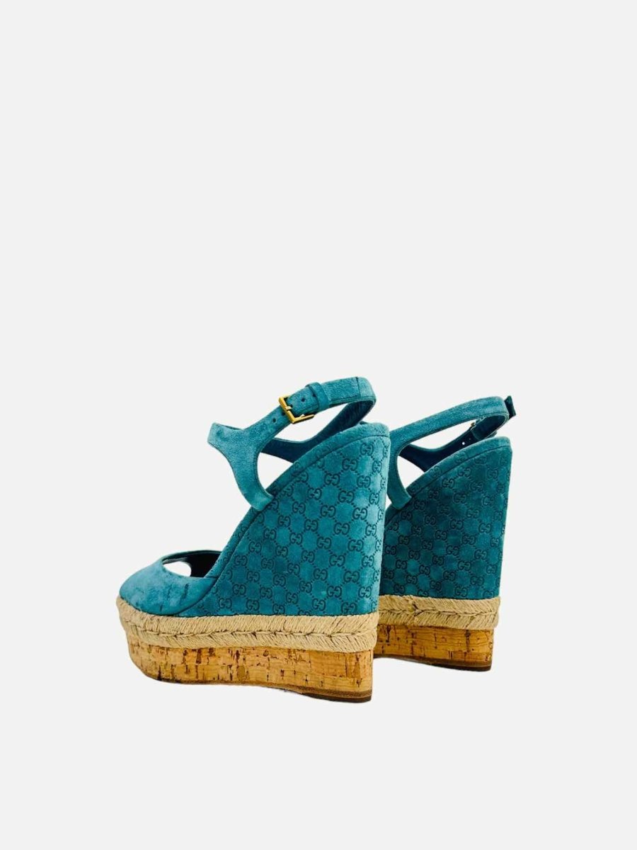 Pre - loved GUCCI Ankle Strap Blue GG Size EU 36 Wedges at Reems Closet