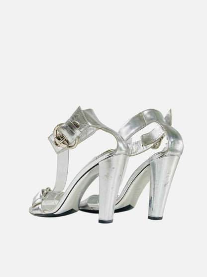 Pre - loved GUCCI Ankle Strap Silver Heeled Sandals 39.5 at Reems Closet