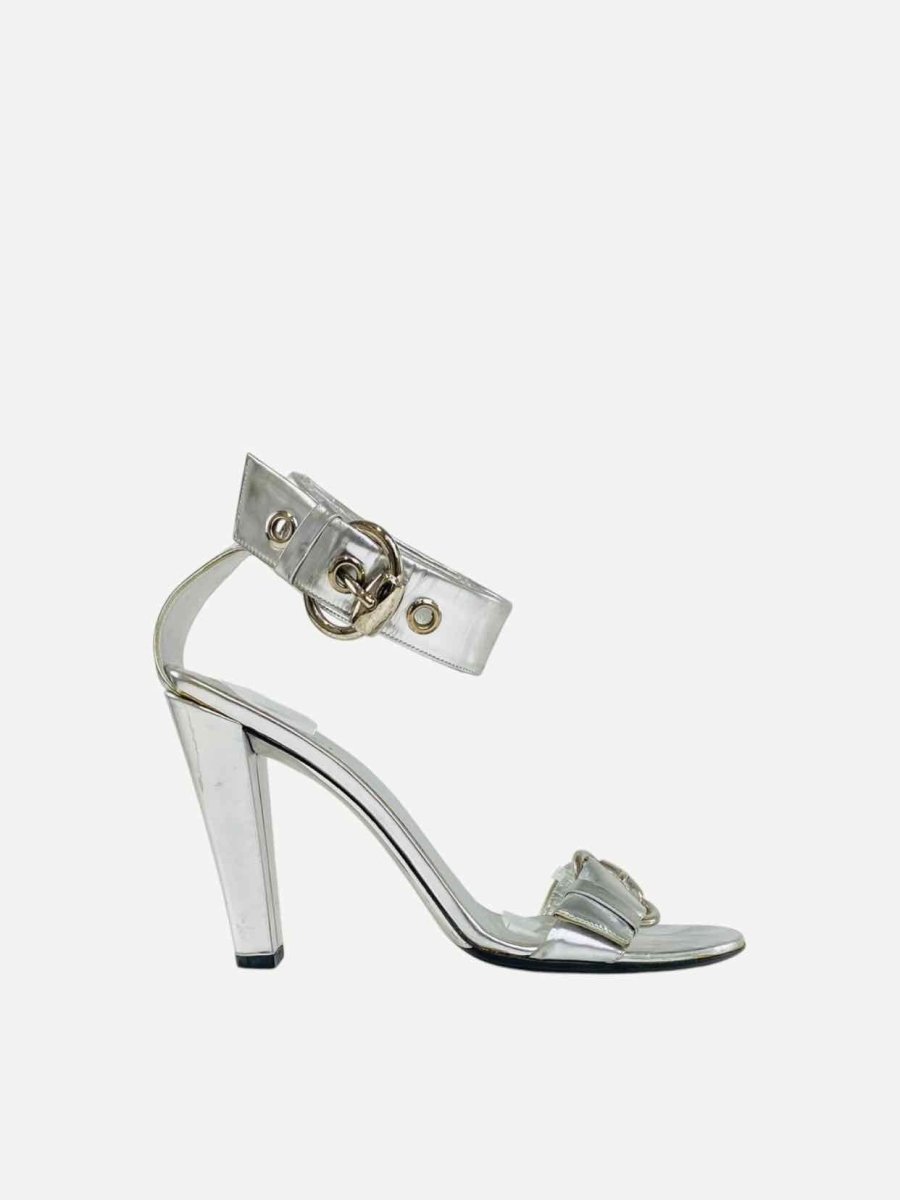 Pre - loved GUCCI Ankle Strap Silver Heeled Sandals 39.5 at Reems Closet