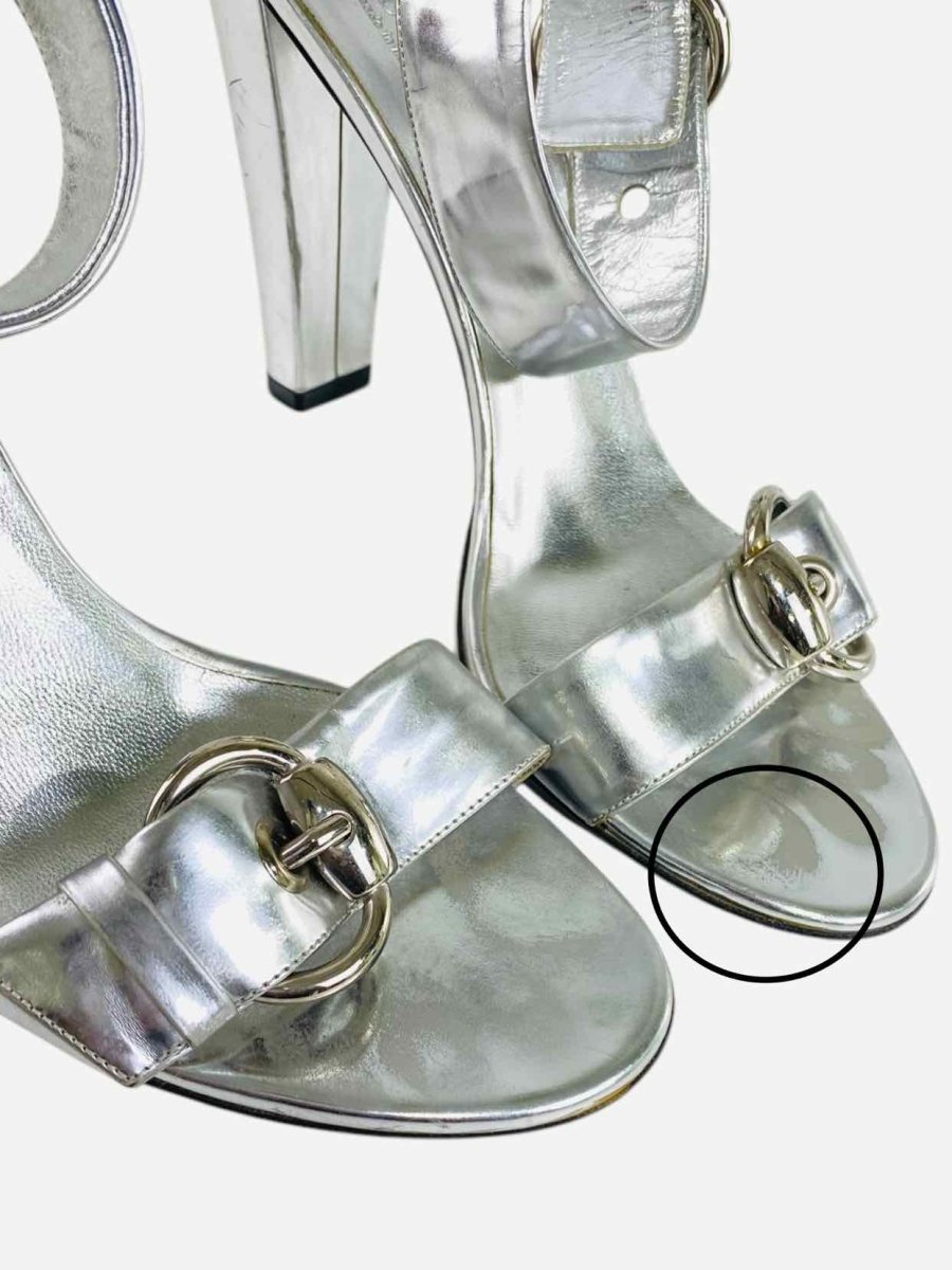 Pre - loved GUCCI Ankle Strap Silver Heeled Sandals 39.5 at Reems Closet