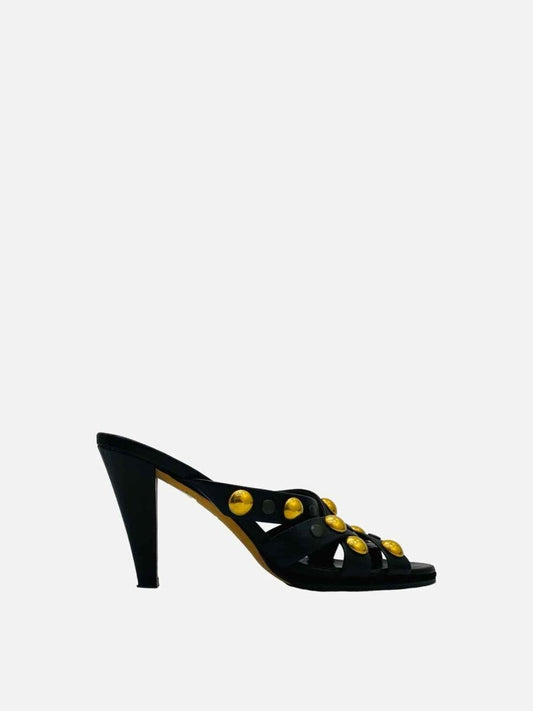 Pre-loved GUCCI Babouska Black w/ Gold Stud Embellished Mules from Reems Closet