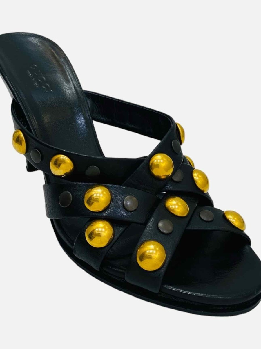 Pre - loved GUCCI Babouska Black w/ Gold Stud Embellished Mules at Reems Closet