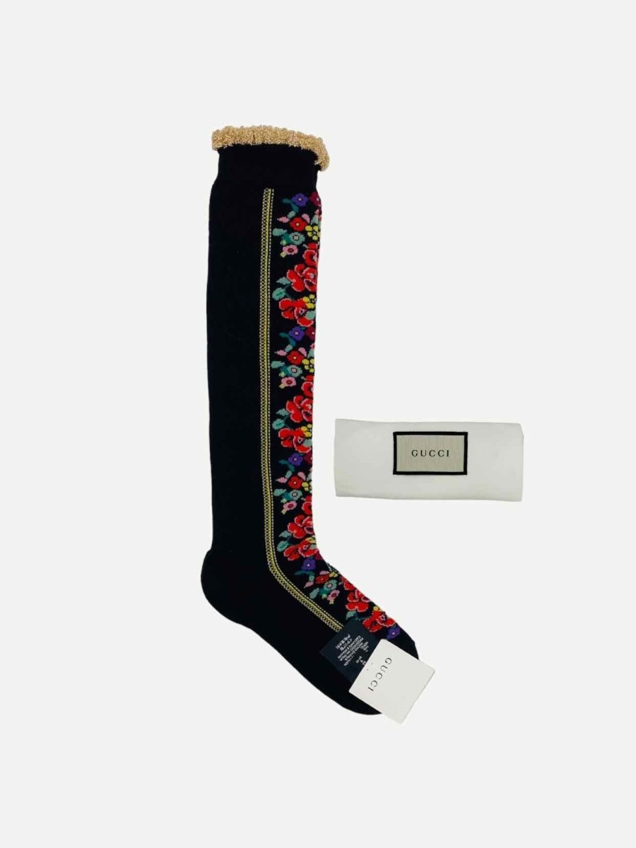 Pre - loved GUCCI Black Multicolor Floral Socks at Reems Closet