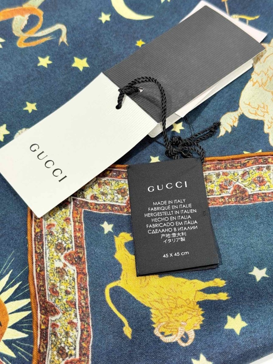 Pre - loved GUCCI Blue Multicolor Zodiac Print Handkerchief at Reems Closet