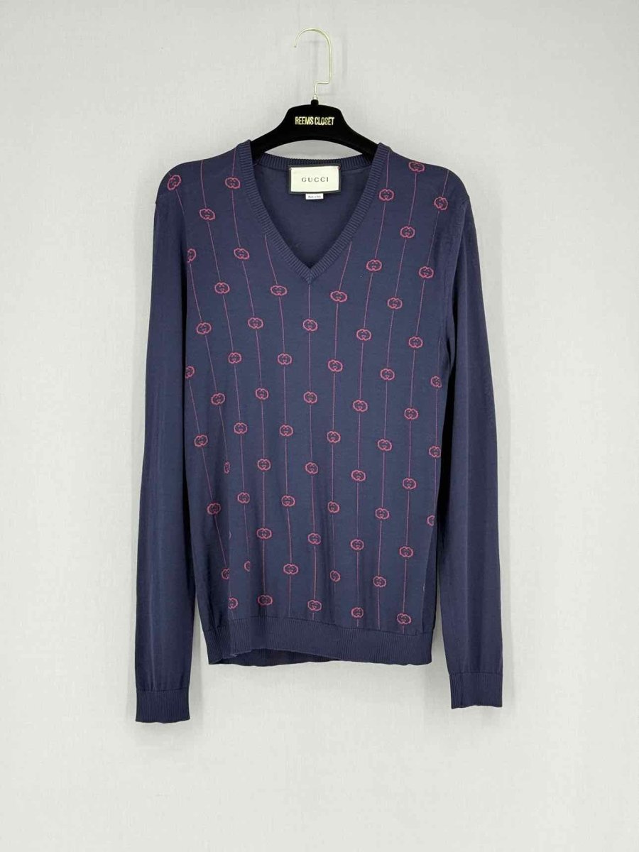 Pre - loved GUCCI Blue w/ Pink GG Logo Size XSmall Jumper at Reems Closet